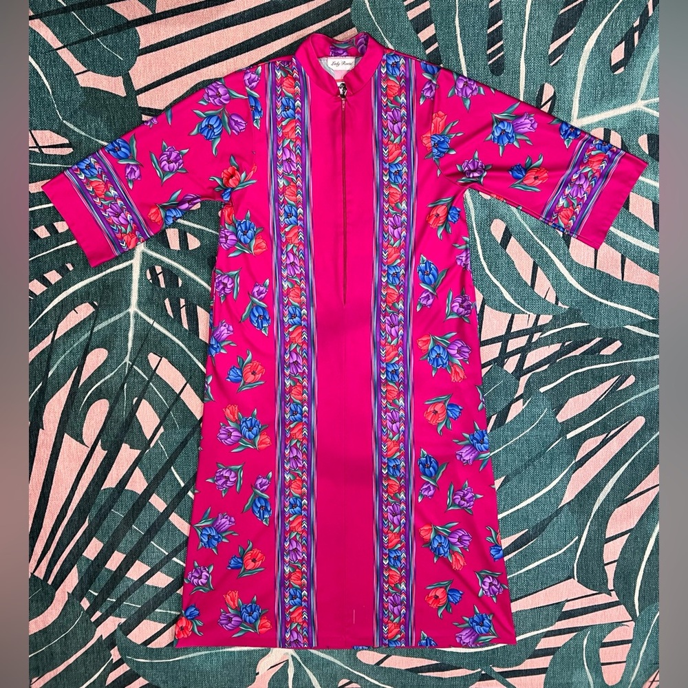 Vintage Lady Ronté Floral 3/4 Zip Mid Mod House Robe Muumuu Dress Kaftan